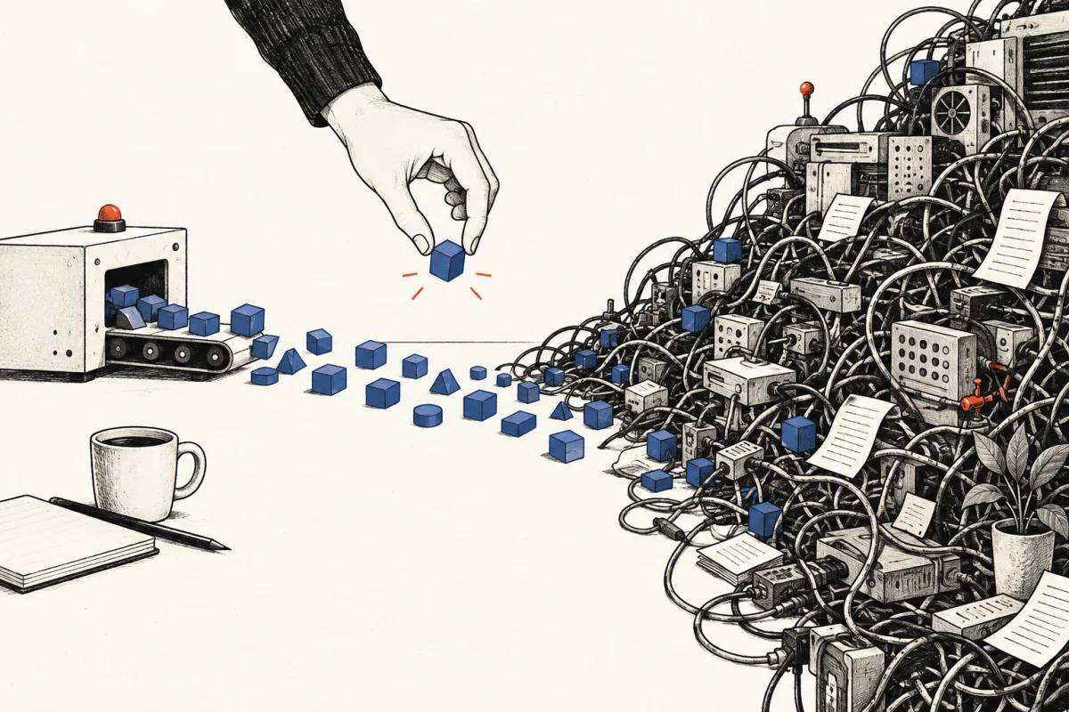 A machine produces a stream of blue software blocks. A human hand selects one while the rest accumulate into a sprawling tangle of wires.